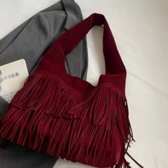 Red Velvety Tote with Fringe Large - Picture 3 of 5
